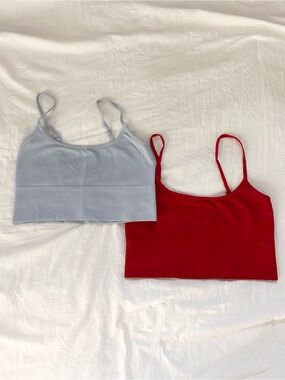 Set of Two Ribbed Garage Cropped Cami Scoop Back Tops - Light Blue & Red